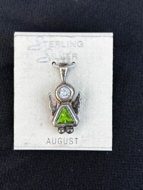 Sterling Silver Birthstone August Angel Pendant Charm Green Cubic Zirconia Stone